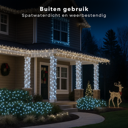 Cheqo® Kerstverlichting - Kerstlampjes - Kerstboomverlichting voor Buiten - 400 LED Lampjes - 8 Meter Lengte - Wit Licht - Koelwit - 8 Lichtfuncties - Geheugenfunctie - Timer 8 Uur - IP44 Adapter - Groen Snoer - Binnen en Buiten - Verlichte Lengte 800 CM