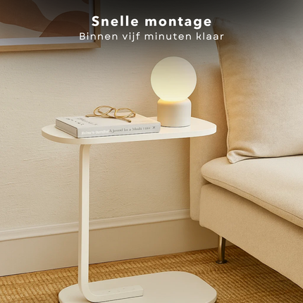 Cheqo® Bijzettafel Wit - Banktafel Metaal - Bijzet Tafel - Mdf Blad - C-Vormig Ontwerp - Compact Formaat - Wit Onderstel - Metaal Frame - Lichte Bijzettafel - Sidetable - Tafeltje - Bedtafel - Modern Design - Geschikt Voor Woonkamer