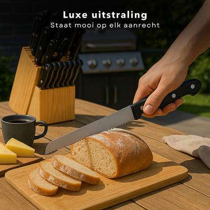 Cheqo® 22-delige Messenset met Houten Messenblok – RVS Keukenmessen Set – Koksmes & Santokumes – Broodmes & Vleesmes – Keukenschaar Inbegrepen – Duurzaam & Ergonomisch – Veilig & Compact Opbergen