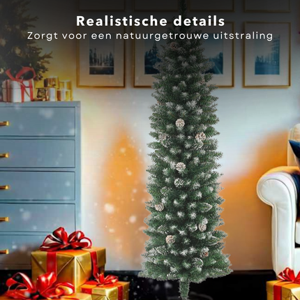 Cheqo® Kunstkerstboom Smal - Smalle Kerstboom - 180 cm - Realistisch PVC - Inclusief Standaard en Sneeuwdecoratie