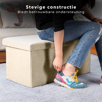Cheqo® Opvouwbare Poef Met Opbergruimte - Beige - Grote Opbergbox - Organizer - Voetenbankje - Hocker - MDF en Katoen