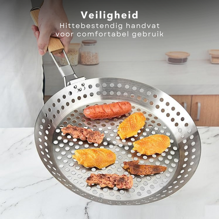 Cheqo® Roestvrijstalen Barbecue Grillpan met Inklapbaar Handvat - Grote Pan voor op de Barbecue - BBQ Pan