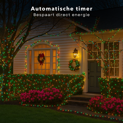 Cheqo® LED Kerstverlichting - Kerstlampjes - Kerstboomverlichting - 180 LED Lampjes - Multicolor Verlichting - 8 Lichtfuncties - Geheugenfunctie - Timer Functie - 13.5 Meter Lengte - Groen Snoer - IP44 Adapter - Binnen en Buiten