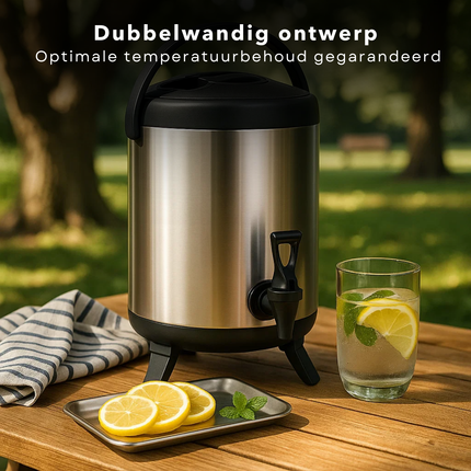 Cheqo® Thermos Drankdispenser - 10 Liter Inhoud - RVS Materiaal - Dubbelwandig Isolerend - Warme En Koude Dranken - Tapkraan - Opklapbare Pootjes - 40 cm Hoogte - 22 cm Diameter - Thermoskan - Drank Serveren