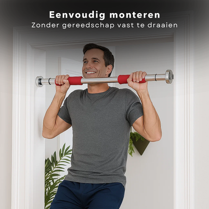 Cheqo® Verstelbare Optrekstang - Pull Up Bar - Deurpost Montage - Krachttraining Thuis - Chin Up Bar - Foam Handgrepen - Maximaal 100 Kg - Fitness Thuis - Optrekstang Deurpost - Krachttraining - Zonder Schroeven - Verstelbaar