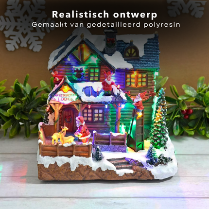 Cheqo® Kersthuisje Polyresin - Kersthuis - Kerstdecoratie Huisje - Kersttafereel - Kerstdorp Huis - Verlicht en Muziek -Draaiende Rendieren