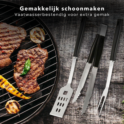 Cheqo® 3 delige BBQ Accessoires Set - Roestvrij Staal - Perfect voor Barbecue - Inclusief Spatel, Tang en Vork