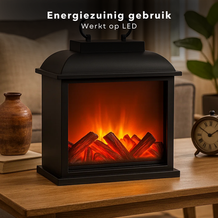 Cheqo® LED Sfeerhaard - Lantaarn Openhaard - Kunststof Frame - LED Verlichting - Timer Functie - Werkt op Batterijen - Batterij Aangedreven - Vlammeneffect - Elektrische Haard - Zwarte Lantaarn - Sfeerverlichting