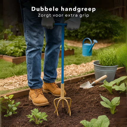 Cheqo® Tuinklauw Verstelbaar - 4-Tands Woelvork - Grond Beluchten - Onkruid Verwijderen - in Lengte Verstelbaar - Ergonomisch Handvat - Staal met Kunststof - Rug- en Knieontlastend - Tuinieren zonder Bukken - Woelvork met Handvatten