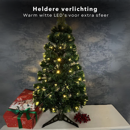 Cheqo® Kunstkerstboom 90 cm - Kerstboom met Kerstlampjes - Fiber Optic Verlichting - Warm Wit LED - Binnengebruik