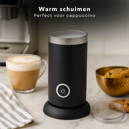 Cheqo® Elektrische Melkopschuimer – 3-in-1 Melkklopper – Warme & Koude Melk Opschuimen – Melk Verwarmen tot 65°C – Snoerloos Ontwerp – Anti-aanbaklaag – 300ml – Zwart – Transparante Deksel – Barista Kwaliteit