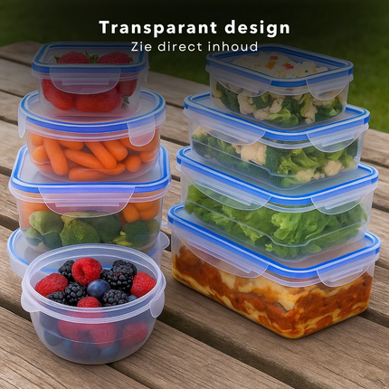 Cheqo® Plastic Bewaardozen - 16-Delige Set - Klikdeksel - Magnetronbestendig - Vaatwasserbestendig - Diepvriesbestendig - Voedsel Bewaren - Vershoudbakjes - Polypropyleen Kunststof - Transparante Bakjes - Rechthoekige Doosjes - Meal Prep