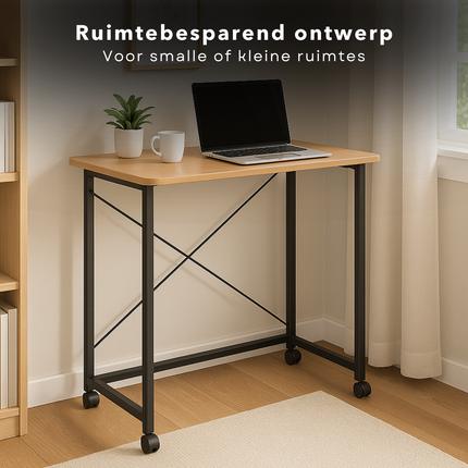 Cheqo® Inklapbare Wandtafel - Bijzettafel - Laptop Tafel - Haltafel - Bedtafel - Zwart Metaal - Met Wielen