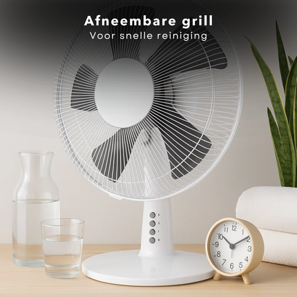 Cheqo® Tafelventilator 30 cm – 3 Snelheden – Oscillerend & Kantelbaar – 40 Watt – Geruisloos – Ronde Voet met Anti-Slip – Slank Design – Draagbaar – Afneembare Grill – Ventilator voor Thuis & Bureau – Stil & Eyecatcher