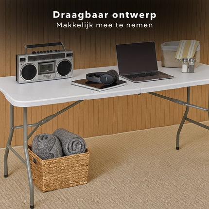 Cheqo® Opvouwbare Tafel – Inklapbare Klaptafel met Draaghandvat – Stevig Stalen Onderstel – Kunststof Tafelblad – Campingtafel - Buffettafel - Partytafel – Weerbestendig & Compact Koffermodel – Voor Binnen en Buiten