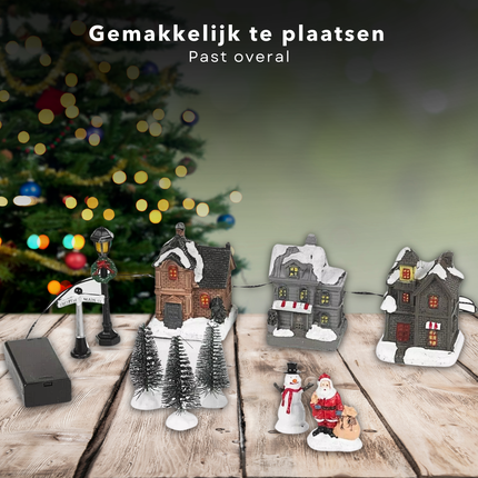 Cheqo® Kerstdorp Set - Kersttafereel - Verlichte Kersthuisjes - Kerst Decoratie - 10-Delig - Werkt op Batterijen