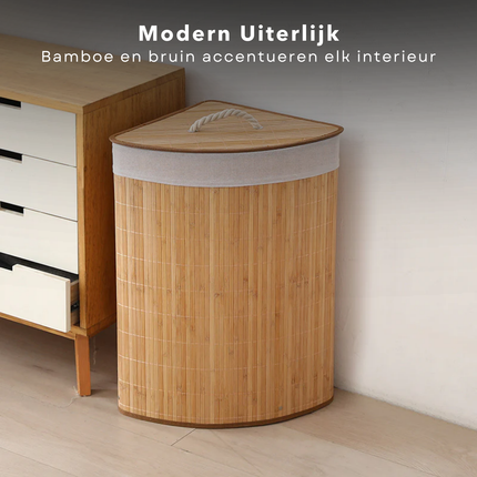 Cheqo® Bamboe Wasmand Hoekmodel - Wassorteerder met Waszak - 72L Opvouwbaar - Naturel met Deksel