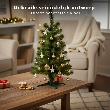 Cheqo® Kerstboom met Verlichting - Kunstkerstboom met LED-Verlichting – 90cm – Groene & Gouden Kerstboom – Met Kerstballen – Kunstkerstboom met Verlichting – Compacte Kerstboom – Kerstdecoratie - Met Gouden Kerstballen