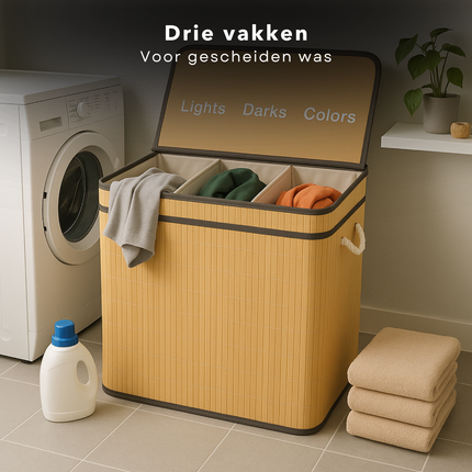 Cheqo® Wasmand 3 Vakken - Wassorteerder - Bamboe Materiaal - Uitneembare Waszak - Licht Donker Kleur - 100 Liter Inhoud - Naturel Kleur - Wasbare Binnenzak - Wasgoed Organizer - Gescheiden Was