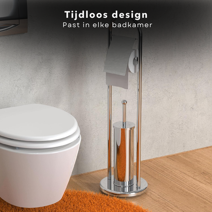 Cheqo® Staande Toiletset - Mat RVS - Vrijstaande Toiletrolhouder en Borstel - 80cm Hoog - Toiletbutler Vrijstaand - Toiletborstel met Houder - WC Rolhouder met Klep
