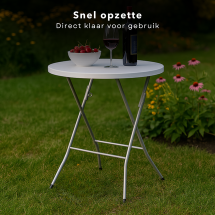 Cheqo® Opvouwbare Bartafel Ø80x110 cm – Ronde Statafel Wit – Inklapbare Partytafel – Kunststof Tafelblad – Stalen Frame – Anti-Slip Poten – Weerbestendig – Klaptafel voor Binnen & Buiten – Draagvermogen 50 kg – Tuinfeest & Evenement