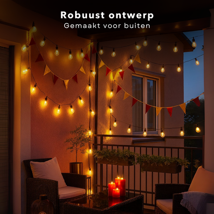 Cheqo® Outdoor Feestverlichting - 12,5 Meter Lang - 20 LED-Lampen - Warm Wit Licht - Tuinverlichting - LED Lichtslinger - Sfeerverlichting Buiten - Adapter Inbegrepen - Feestelijke Verlichting - Fairy Lights