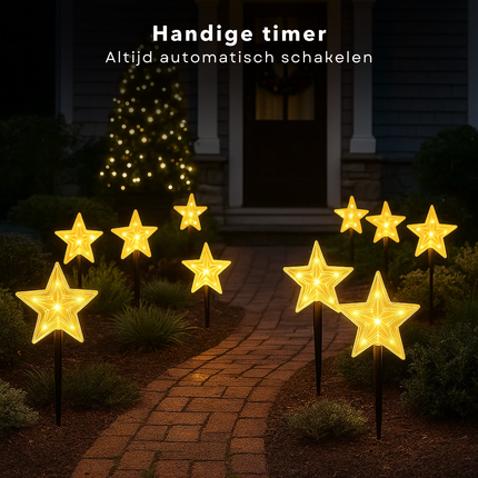 Cheqo® Tuinsteker Kerstster - LED Tuinstekers - Kerstverlichting Buiten - Set Van 5 - Met Timer - Op Batterijen - Warm Wit Licht - Acryl Kerstster - Kunststof Grondpen - IP44 Geschikt Voor Buiten - Automatische Timer - 8 Uur Aan 16 Uur Uit