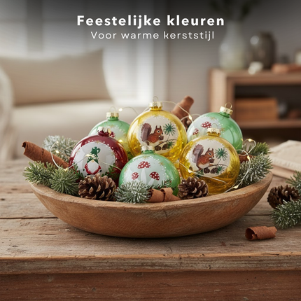 Cheqo® Glazen Kerstballen - Set Van 12 - Glanzend Kerstballen - Traditionele Kerstballen - Rode Kerstballen - Gele Kerstballen - Groene Kerstballen - Kerstboomversiering - Kerstdecoratie - Glazen Ornamenten - Kerstbal Set