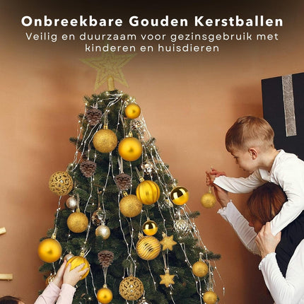 Cheqo® Luxe Gouden Kerstballen Set - Met Piek - 101 stuks - Kunststof - Kerstboomversiering - Kerstversiering - Onbreekbaar - Verschillende Formaten & Designs - Kerstboom - Kerstballenset - Kerstdecoratie - Kerst - Christmas Kerstballen