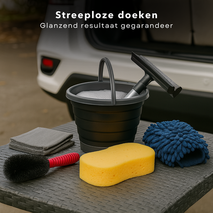 Cheqo® Auto Schoonmaakset 7-Delige Set – Microvezel Doek & Autowashandschoen – Opvouwbare Emmer – Velgenborstel – Raamwisser – Auto Interieur & Exterieur Reiniging – Compact & Lichtgewicht – Zonder Krassen – Auto Poets Set