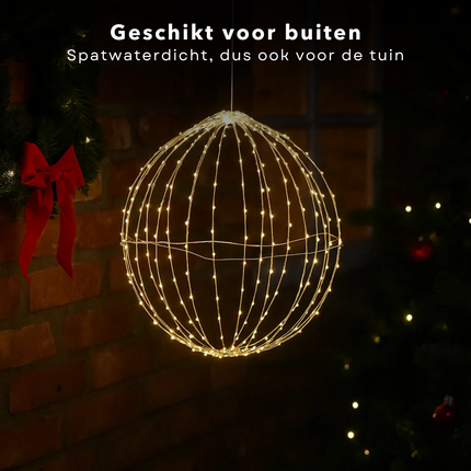 Cheqo® Kerstverlichting Buiten - Decoratieve Bal - Warm Witte LED - Spatwaterdicht - Tuinverlichting - Kerstdecoratie - Zilveren Frame - LED Lampjes - Timer Functie - 50 CM Diameter - Hangende Verlichting - IP44 - Kerst Decoratie