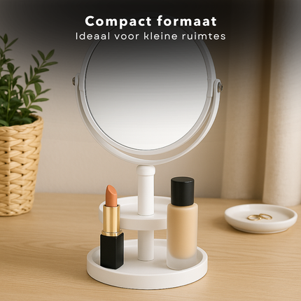 Cheqo® Make-Up Spiegel met Oganizer - Scheer Spiegel - Vergroot Spiegel - Makeup Spiegel met Houder - Wit - Dubbelzijdig - Metaal