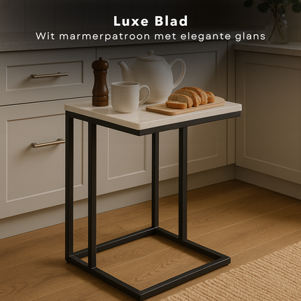 Cheqo® Bijzettafel - Bedtafel - Laptoptafel - Banktafel - Bijzettafeltje - Salontafel - Bijzet Tafel - Metaal - Marmeren MDF Tafelblad - Kleine Moderne Tafel - Wit