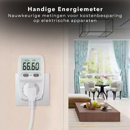 Cheqo® Energiemeter - Stroomverbruikmeter - voor Nauwkeurige Energieberekening - Voor Binnen - ABS - Geaard - 10.8 x 6.4 x 7.4 cm - LCD Display - Gebruiksvriendelijk - Verbruiksmeter - Energiekosten - Stopcontact - Kwh Meter - Elektriciteitsmeter Energiemeters