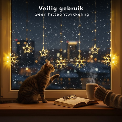 Cheqo® Kerstverlichting Lichtgordijn - Sterren En Sneeuwvlokken - 120x120 cm - Op Batterijen - Warm Wit Licht - 120 Micro LED - Automatische Timer - 8 Lichtfuncties - IP44 - Buiten En Binnen Gebruik - Kerstdecoratie - Lichtnet