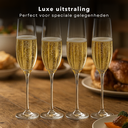 Cheqo® Champagneglazen Set - Champagneglas Set - Glazen Voor Champagne - Set Van 4 - Feestelijke Glazen - Hoogwaardige Kwaliteit - Elegant Design - Glaswerk Voor Feest - Luxe Uitstraling - Transparant Glas - Glazen Voor Bubbels