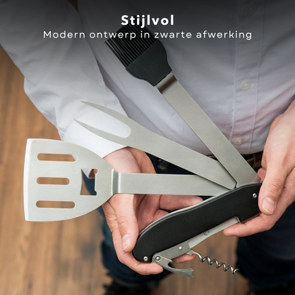 Cheqo multifunctioneel BBQ gereedschap 5-in-1 inklapbaar ontwerp met spatel, vork en marinade borstel in zwarte afwerking.