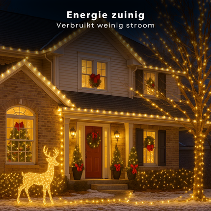 Cheqo® LED Verlichting - 240 LED Lampjes - Warm Wit - Lichtfuncties - Timer Functie - 18 Meter Lichtsnoer - Kerstboomverlichting Transparant Snoer - Binnen En Buiten - IP44 Adapter - Kerstverlichting - Lichtslinger - Sfeerverlichting - Kerstlampjes