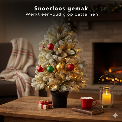 Cheqo® Kunstkerstboom Met Verlichting - Kleine Kerstboom - LED Lichtjes - Warm Wit Licht - Batterij Aangedreven - Compacte Kerstboom - Tafeldecoratie Kerstboom - Subtiel Besneeuwde Takken - Sfeervolle Decoratie - PE-Takken - Mini Kerstboom