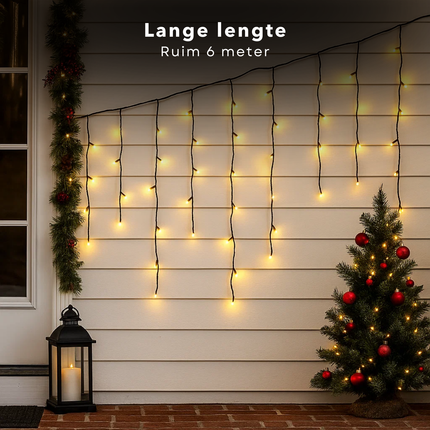 Cheqo® Ijspegel Verlichting - LED Ijspegel - Warm Wit Licht - 180 LED Lampjes - 6 Meter Lang - Lichtgordijn - Binnen En Buiten - IP44 Adapter - Kerstverlichting - Energiezuinig - Decoratieve Verlichting - Raamdecoratie - Muurdecoratie