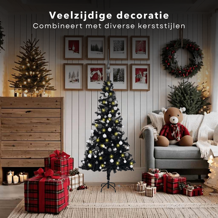 Cheqo® Zwarte Kerstboom - Kunstkerstboom 150 cm - Met LED-Verlichting en Kerstballen - PVC - Energiezuinig