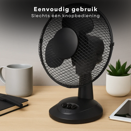 Cheqo® Tafelventilator Zwart – 23 cm Compacte Bureau Ventilator – 32 Watt – 2 Snelheden – Zwenkfunctie 75° – Lichtgewicht & Stil – Instelbare Luchtstroom – Energiezuinig – Ventilator voor Thuis & Kantoor