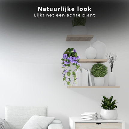 Cheqo® Hangende Kunstbloem Petunia - Hangende Plant - Klimop - Decoratieve Kunsttak - Paars Groen - Perfect voor Interieur