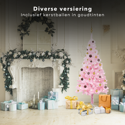 Cheqo® Roze Kerstboom - Kunstkerstboom 180 cm - Met LED-Verlichting en Kerstballen - PVC en Staal