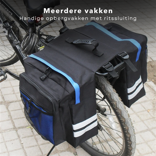 Dubbele fietstas 30 liter met reflectiestrepen en meerdere vakken op elektrische fiets, gemaakt van waterafstotend Oxford 600D polyester.