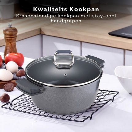 Cheqo® Titanium Kookpan - 20cm - 1.8 liter - Inductie Geschikt - Krasbestendig - Glazen Deksel 