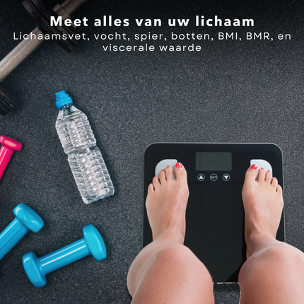 Cheqo® Smart Scale - Personenweegschaal - BMI, BMR, Vetpercentage, Watergehalte - 200kg Capaciteit - 8 Geheugenplaatsen - Automatische aan-/uitschakeling - 34.5x32.5x4cm - Lichaamsanalyse - Lange Levensduur Personenweegschaal