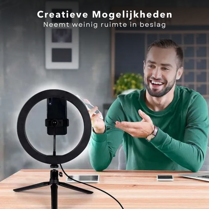 Cheqo® Selfie Ringlamp Set - 25 cm LED Ringlicht met Statief - Selfie Ringlight - Ring Light - Flexibele Telefoonhouder - USB Oplaadbaar - Verstelbaar Statief