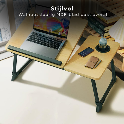 Cheqo® Verstelbare Laptoptafel - Ontbijt op Bed Tafel - Ontbijttafel - Laptopstandaard - Schoottafel - Opklapbare Bedtafel met Bekerhouder - MDF Walnoot