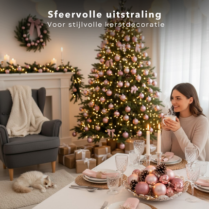 Cheqo® Kerstballen Set - Roze Kerstballen - Glazen Kerstballen - Kerstboom Decoratie - Chique Uitstraling - Feestelijke Kerstversiering - Ø7 cm Kerstballen - Matte Kerstballen - Glimmende Kerstballen - Glitter Kerstballen